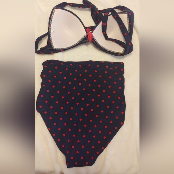 High Waisted Navy Blue and Red Polka Dotted Bathing Suit- Medium - Picture 2 of 3